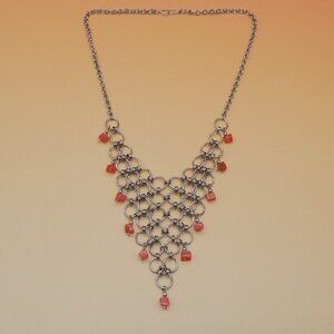 Vintage Mesh Choker Bib Necklace Silver Tone Orange Glass Square Beads